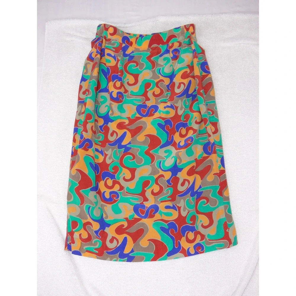 Frenchic Vintage Silk Abstract Swirl Multicolor Top & Midi Skirt Womens Medium